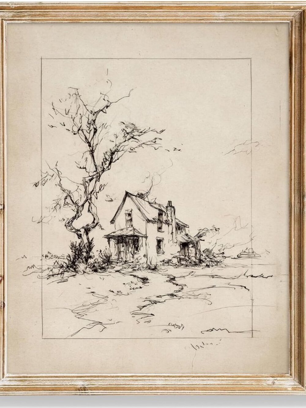 Vintage Country House Ink Sketch Print Rustic Farmhouse Wall Art, Neutral Cottag
